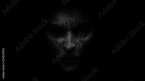Creepy witch girl face. Kiss of darkness. 2D animation in horror fantasy genre. Mystic girl head in other dark world. Gloomy ghost in haze. Spooky female character. Gothic cruel woman with evil eyes.  photo