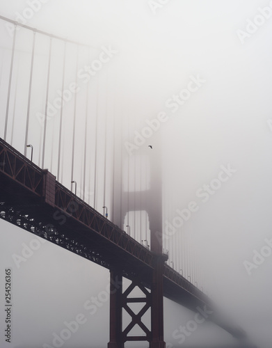 Heavy morning fog surrounds the Golden Gate Bridge