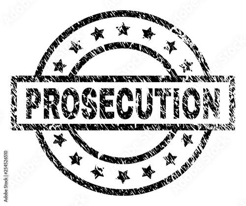 PROSECUTION stamp seal watermark with distress style. Designed with rectangle, circles and stars. Black vector rubber print of PROSECUTION tag with unclean texture.