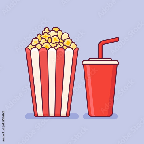 Popcorn bucket with cup of soda flat line icon. Vector illustration.