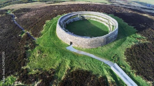 This is aerial footage of flying over Grianan of Aileach. An ancient stone ring fort in Donegal Ireland