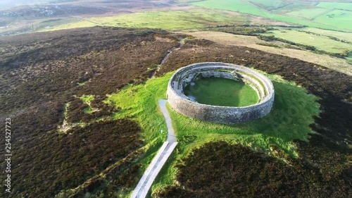 This is aerial footage of flying over Grianan of Aileach. An ancient stone ring fort in Donegal Ireland photo