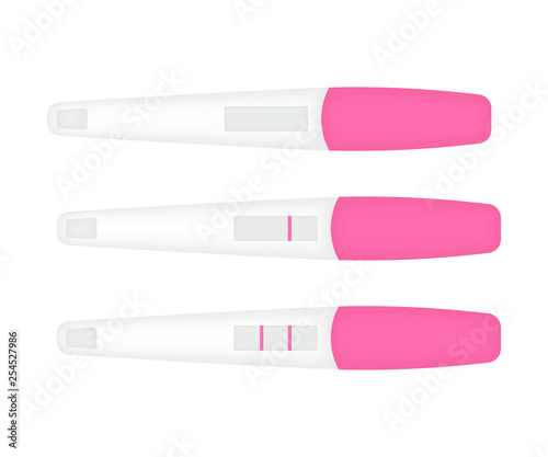 Pregnancy test sticks with results. Art design pregnant, childbirth template. Vector illustration.