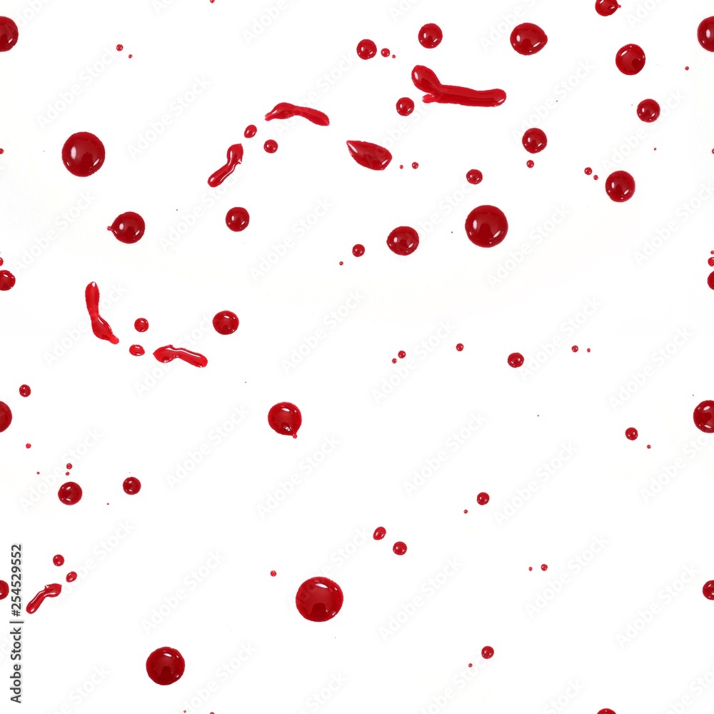 Seamless pattern: drops of red liquid (blood, nail polish, ketchup, dressing) isolated on white background