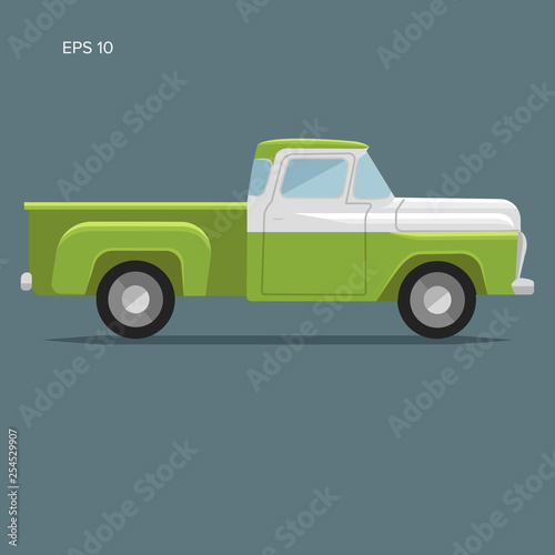Old retro pickup truck vector illustration. Vintage transport vehicle