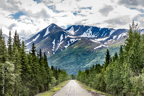 Railroad to Denali National Park, Alaska with impressive mountains photo