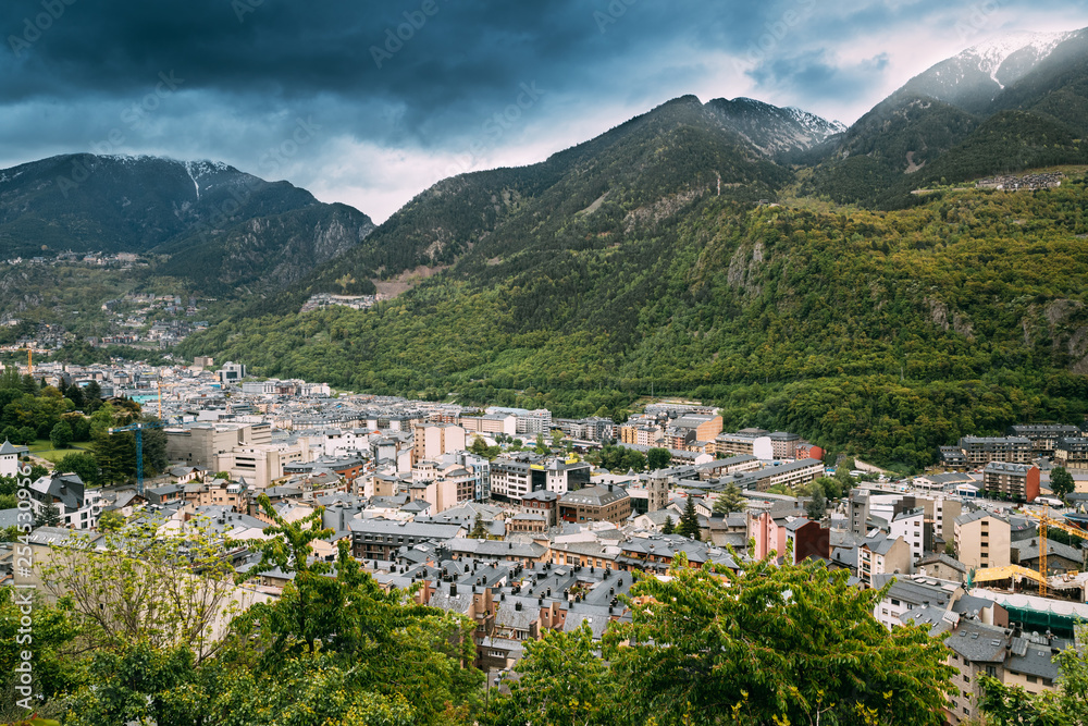Andorra, Principality Of The Valleys Of Andorra. Top View Of Cityscape In Summer Season. City In Pyrenees Mountains
