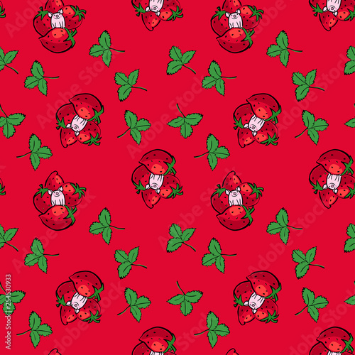 Seamless funny vector small pig and giant strawberry pattern