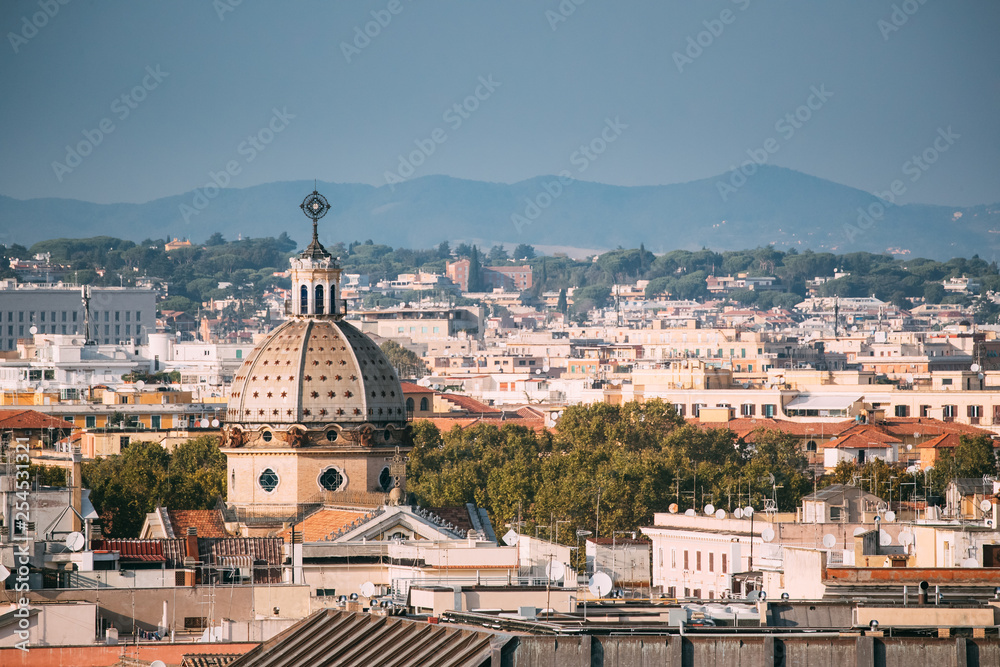 Rome, Italy. Cupola Of San Gioacchino Ai Prati Castello Church And Cityscape Of Town