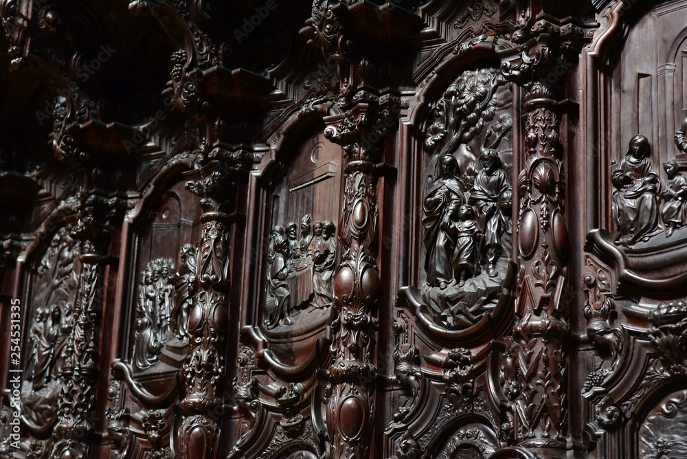 Details from the beautiful choir medieval wood carving of the Mezquita  Catholic cathedral in Cordoba, Spain Stock Photo | Adobe Stock