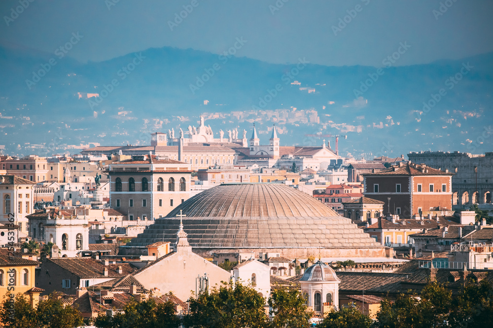 Rome, Italy. Sloping Roof Of Pantheon And Cityscape Of Town