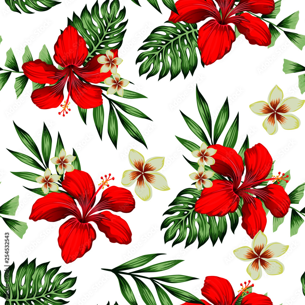 Seamless tropical flower with leaves pattern Seamless tropical flower with leaves pattern