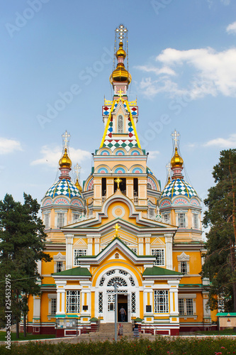 The Ascension Cathedral in Almaty, Kazakhstan. Is a Russian Orthodox cathedral. Completed in 1907, the cathedral is made out of wood but without nails and second tallest wooden building in the world. photo