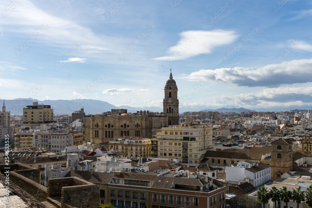 aerial view of malaga old city center and cathedral
