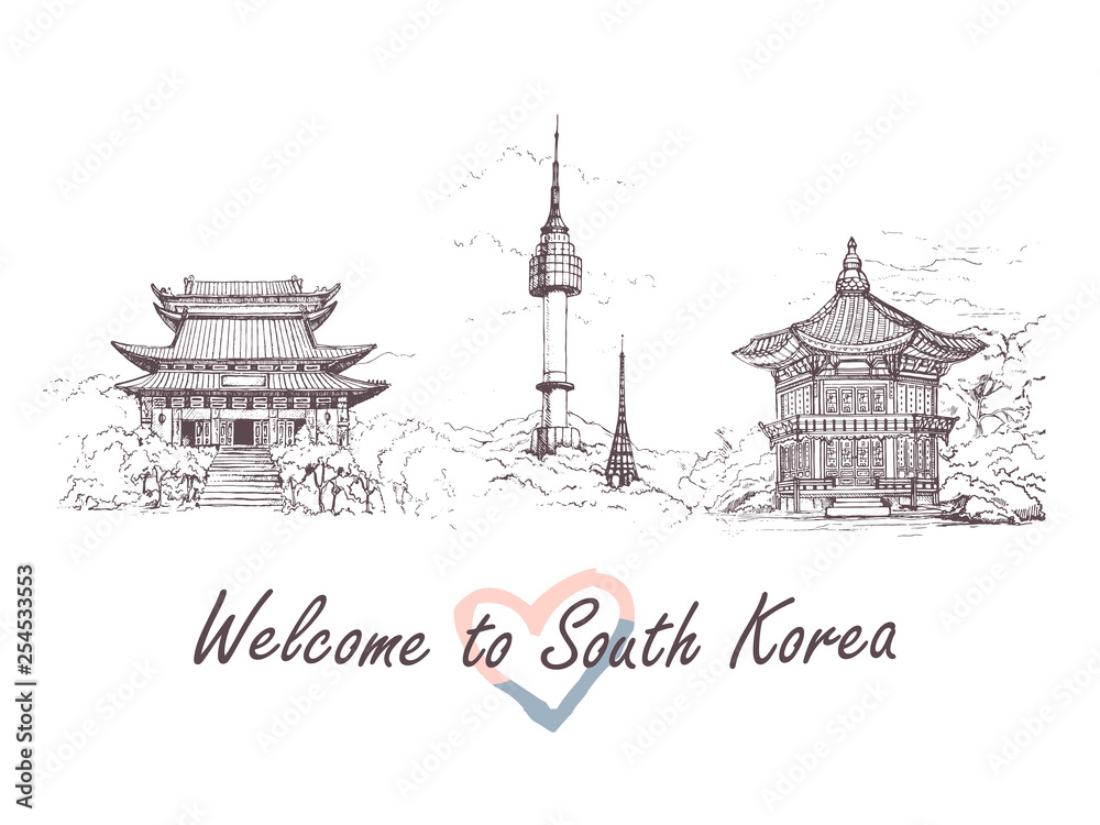 Seoul city, Line Art Vector illustration with all famous towers. Linear Banner with Showplace.World vacation travel sightseeing Asia collection. Gyeongbokgung.Palace.Bukchon Hanok Village.illustration