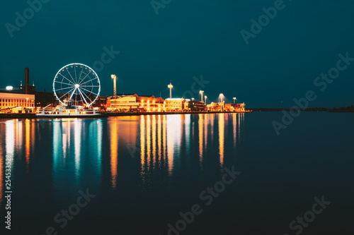 Night Scenery View Of Embankment With Ferris Wheel In Helsinki, Finland