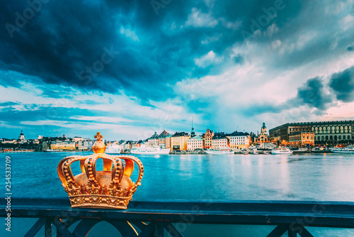 Canvas Print Skeppsholmsbron - Skeppsholm Bridge With Its Famous Golden Crown In Stockholm, S