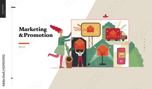 Technology 2 -Marketing and Promotion modern flat vector concept digital illustration marketing metaphor, company brand promotion. Business workflow management Creative landing web page design