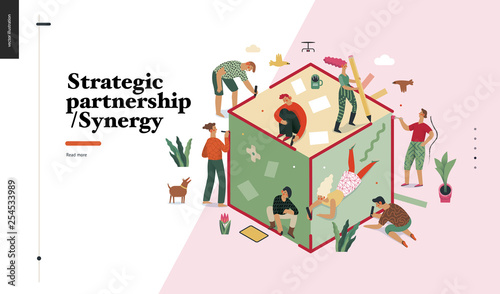 Technology 2 -Strategic Partership - Synergy flat vector concept digital illustration partnership and synergy metaphor. Business workflow and team management Creative landing web page design template