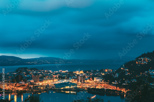 View Cityscape of Bergen and harbor from mountain top  Norway