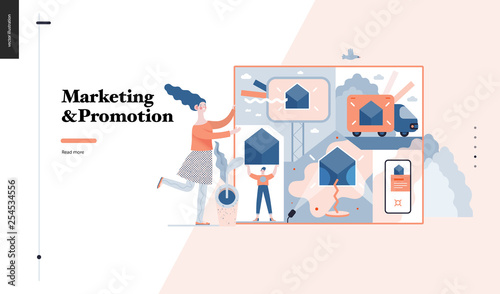 Technology 3 -Marketing and Promotion modern flat vector concept digital illustration marketing metaphor, company brand promotion. Business workflow management Creative landing web page design