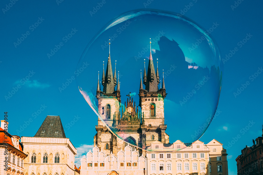 Soap bubble on the background of Church Of Our Lady Before Tyn In Old Town Square in Prague, Czech Republic.