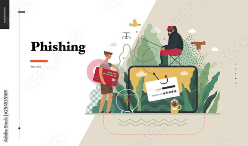 Technology 2 - Phishing - flat vector concept digital illustration of phishing scam metaphor. Hacker fraud protection, password steal, data phishing. Creative landing web page design template