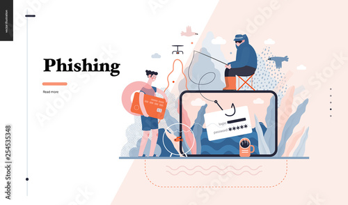 Technology 3 - Phishing - flat vector concept digital illustration of phishing scam metaphor. Hacker fraud protection, password steal, data phishing. Creative landing web page design template photo