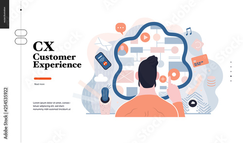 Fototapeta Naklejka Na Ścianę i Meble -  Technology 3 -CX customer experience - modern flat vector concept digital illustration of user or customer experience, a user in front of interface. Creative landing web page design template