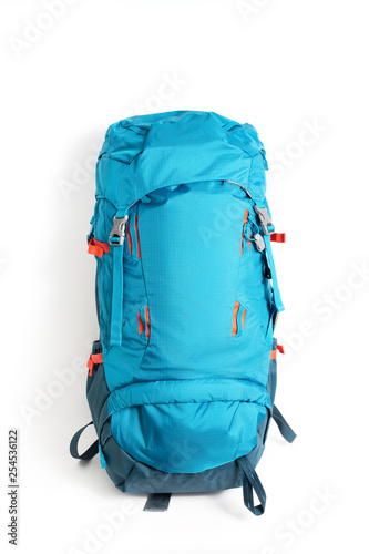 Modern hiking backpack isolated on white. Trekking gear and equipment concept