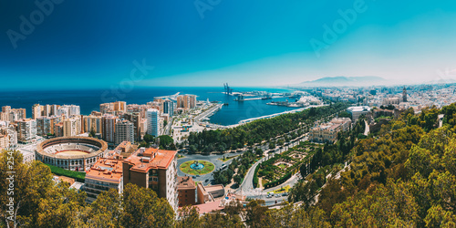 Panorama cityscape aerial view of Malaga, Spain.