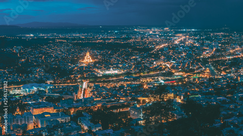 Tbilisi Georgia. Scenic Panoramic Top Field Of Vision. Cityscape In Evening Illumination, Landmarks