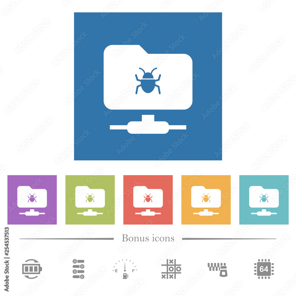 FTP bug flat white icons in square backgrounds