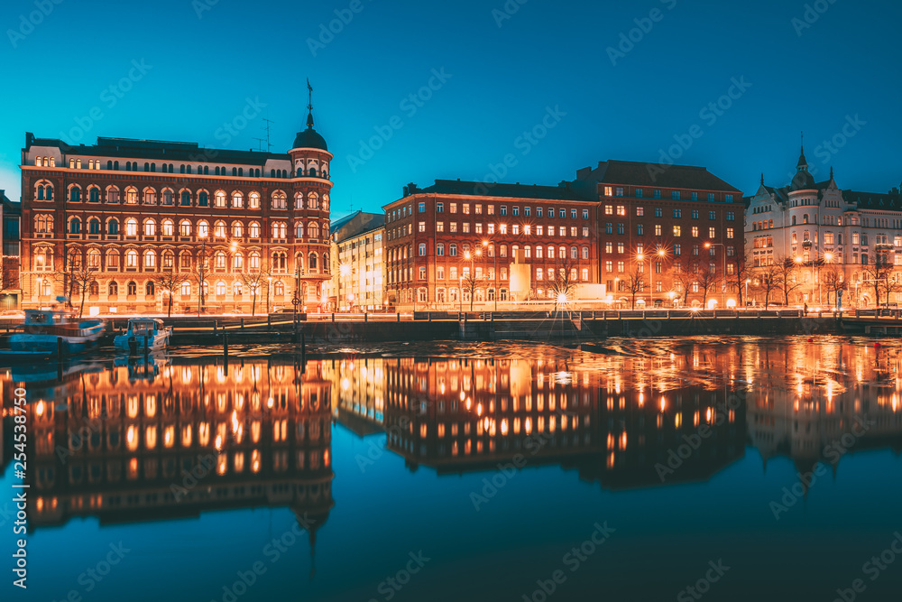 Helsinki, Finland. View Of Pohjoisranta Street In Evening Or Night Illumination Helsinki, Finland. View Of Pohjoisranta Street In Evening Or Night Illumination