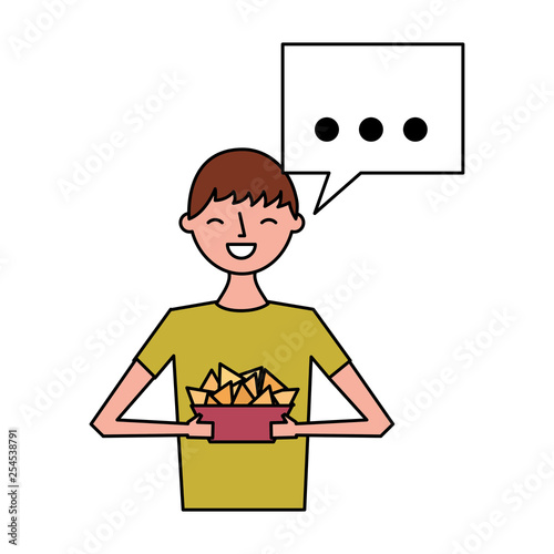 man holding nachos in bowl