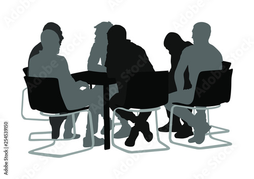 Young business people sitting and talking about new idea. IT partners meeting. Break relaxation after work in restaurant. Desk table chairs.  Group of friends drinking in bar after work. Social live.