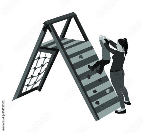  Mother playing with son at playground climber toy in entertainment park vector illustration. Outdoor activity, kid play fun. Child climber. Enjoying after school. Active boy. Happy family outdoor.