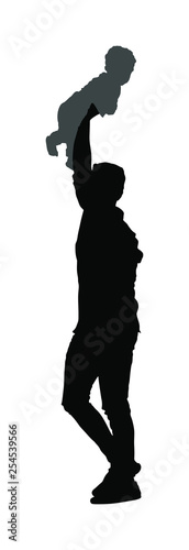 Awkward clumsy father walk with baby in hand vector silhouette. Gawky unhandy young parent with child. Irresponsible confused man with toddler. Imprudent unthinking father carrying son. Risky game 