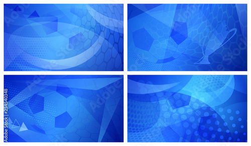 Set of four football or soccer abstract backgrounds with big ball in blue colors