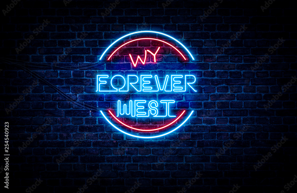 A sign showing Wyoming state slogan, in blue and red neon light on a brick wall background and wires on the side. A sign showing Wyoming state slogan, in blue and red neon light on a brick wall background and wires on the side.