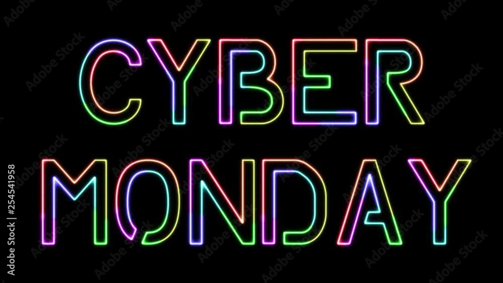 Cyber monday - seven colors neon text, moving lights, on transparent background