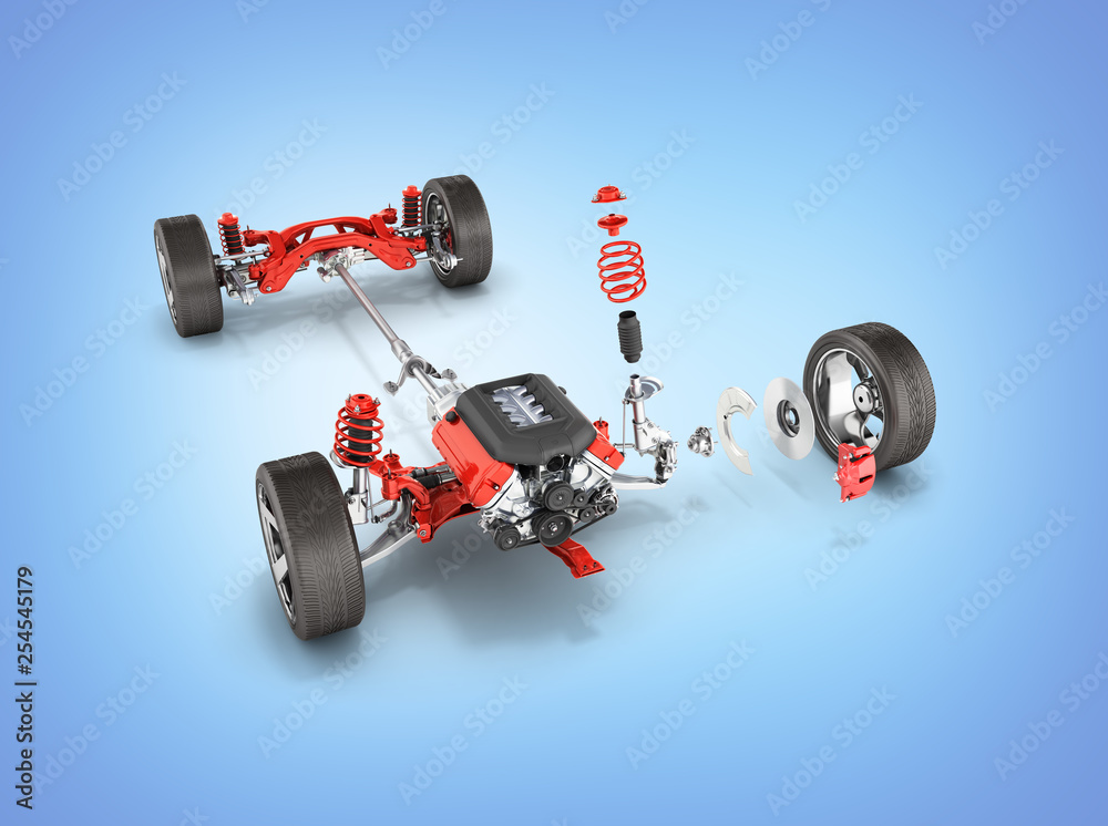 Φωτογραφία Suspension of the car with wheel and engine Undercarriage in detail isolated on