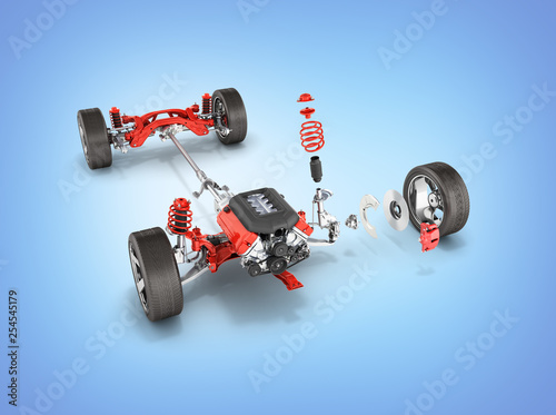 Suspension of the car with wheel and engine Undercarriage in detail isolated on blue gradient background 3d