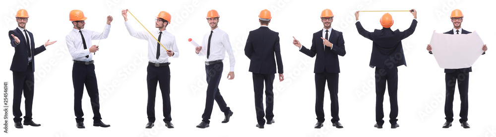 panoramic photo collage of architect expert isolated on white panoramic photo collage of architect expert isolated on white