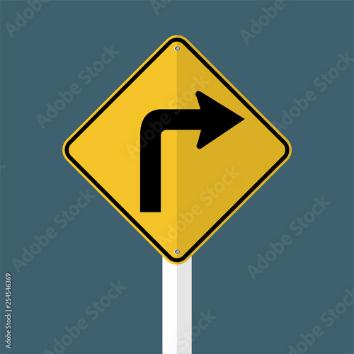Turn Right Traffic Road Sign isolated on grey sky background.Vector illustration