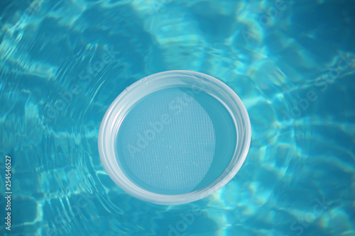 Water texture in blur. On the surface of a plastic plate, layout, mock-up, template. The concept of ecology, cleanliness, recreation, travel. Water in motion, top view.