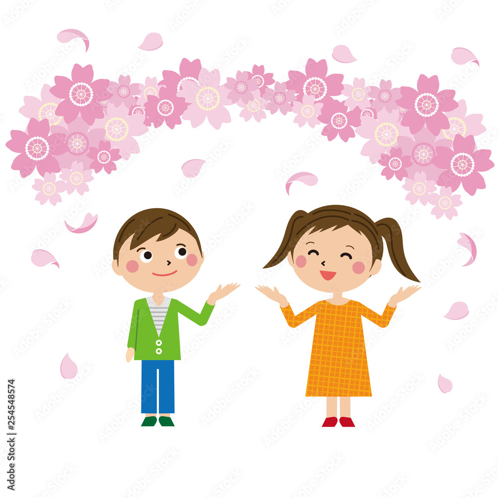 ポップな子供のカップル 花見 ポップな子供のカップル 花見