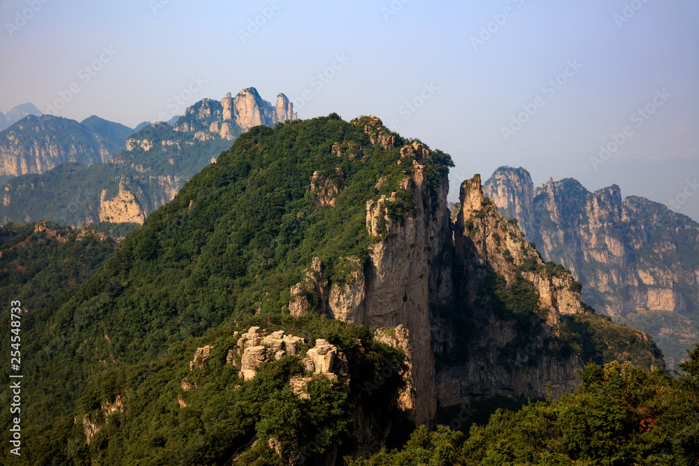 Lingchuan Wangmangling National Geopark, Chinese Mountains, Taihang Mountain Range. Shanxi Province, China. Jagged Cliffs, national forest scenic area, hiking and travel destination.