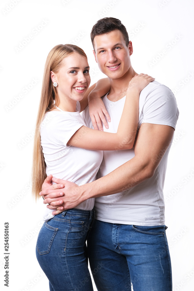 Romantic couple embracing each other on white Romantic couple embracing each other on white