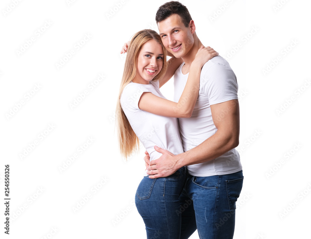 Romantic couple embracing each other on white Romantic couple embracing each other on white